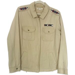 Khaki Denim Military Utility Jacket with Southwestern Beaded Details Women’s M